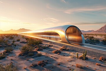 A long train is traveling through a desert