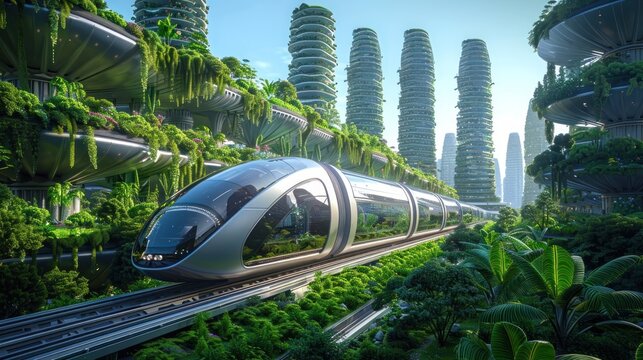 A futuristic train is traveling through a lush green forest