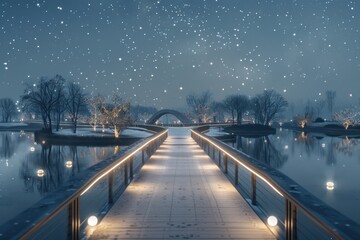 A bridge over a body of water with a snowy landscape in the background - Powered by Adobe