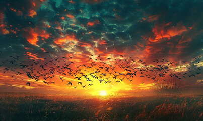 Twilight sky teeming with a flock of birds in flight AI-generated Image