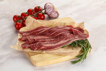 Raw beef bacon for cooking