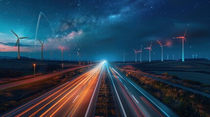 A highway with a long line of cars and a sky full of stars - obrazy, fototapety, plakaty