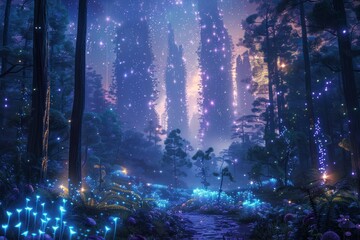 A forest with glowing trees and flowers