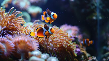 Fototapeta na wymiar Two orange and white fish swimming in a coral reef