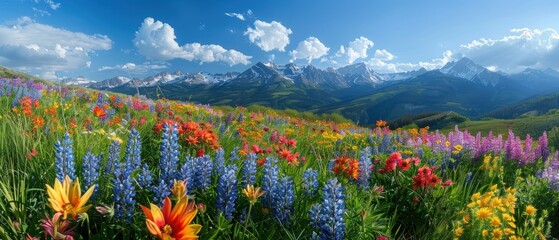 A beautiful field of flowers with a blue sky in the background