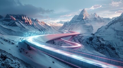 A mountain range with a highway that is lit up with neon lights