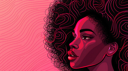 Afro hair African black woman illustration for fashion banner with copy space pink background.  generative ai