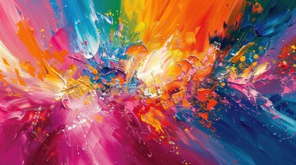A colorful painting with splatters of paint that looks like a rainbow - obrazy, fototapety, plakaty