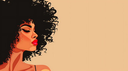 Afro hair African black woman illustration for fashion banner with copy space beige background.  generative ai