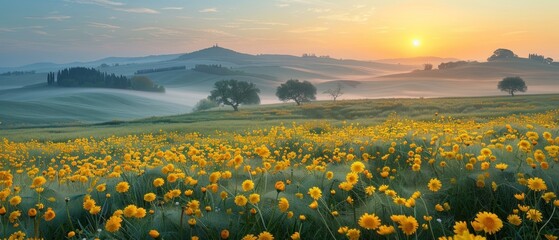 A field of yellow flowers with a sun in the sky