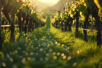 Sun Shines Through Trees in Vineyard