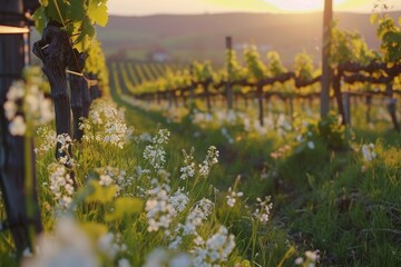Vineyard With Vines and Flowers in Foreground