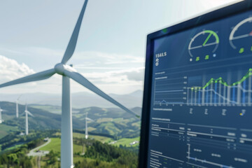 A wind turbine is shown on a computer screen with a graph of wind speed - obrazy, fototapety, plakaty
