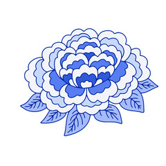 Monochrome blue floral chinoiserie style flower isolated on white background. Abstract hand drawn botanical clip art element.