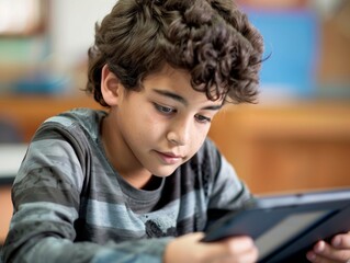 Close up shot of a young boy using a digital tablet to do his homework searching on internet