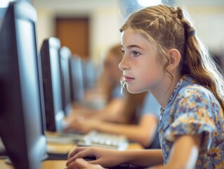 Side view of happy school girl sitting in front of computer during class lesson