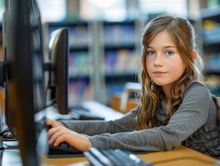 Caucasian young girl student using a desktop pc in library