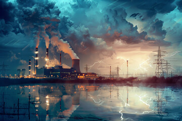 A factory with smoke coming out of it and a storm in the background
