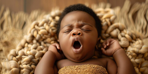 Motherhood, parenting day routine, lack of sleep because of child concept. African-American yawning cute funny infant newborn baby making faces lying in room at home and trying to fall asleep