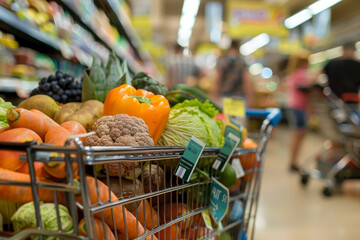 A shopping cart full of vegetables and fruits in a grocery store