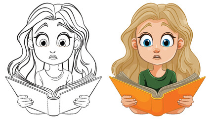 Colorful and line art illustrations of a girl reading
