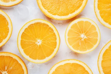 Fototapeta premium Orange slices lying on ice cubes. fresh fruit lemonade with sparkling water and ice cubes, summer lemonade and orange drink. Flat layout, top view.