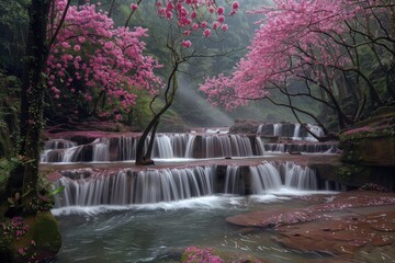 Waterfall With Pink Flowers
