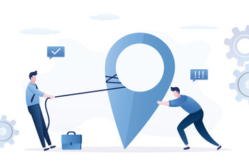 Co-founders pull large navigation sign. Company founders building office pin making business contact address. Company establishment,