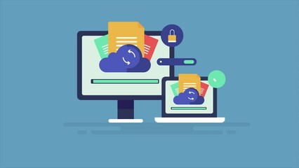 Sync file with cloud server, uploading data to secure online storage, cloud computing technology video animation.