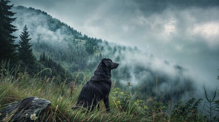 Black dog sitting on a hill and looking at the foggy mountains