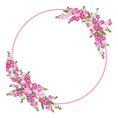 Vector round frame with pink forget-me-nots. Delicate spring flowers and a white background. Template for wedding invitation or congratulations on Mother's Day.