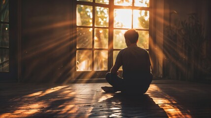 Man meditating in lotus position in front of window at sunset