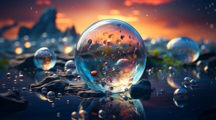 Surreal landscape with floating crystal ball and colorful rocks - obrazy, fototapety, plakaty