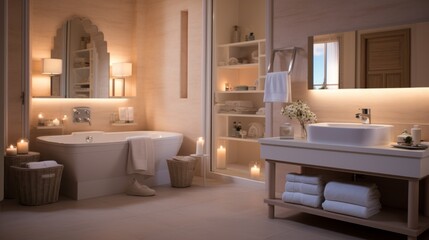 Bathroom interior with bathtub, sink and open shelving