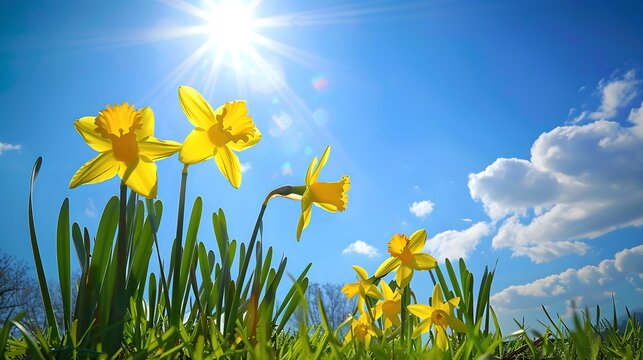 Vibrant Yellow Daffodils Basking in Sunlight against a Blue Sky. Springtime Beauty Captured Outdoors. Freshness and Purity of Nature Illustrated. Floral Landscape in Daylight. AI