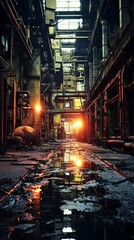 An abandoned factory building with water on the floor and red lights in the distance