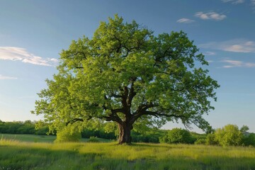 Fototapeta na wymiar Large Green Tree in Grassy Field