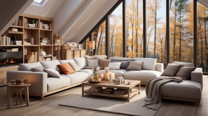 A cozy living room with a fireplace and a view of the autumn forest