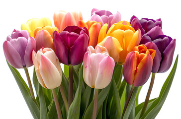 Colorful tulips bunch isolated on white background, perfect for spring-themed designs or festive arrangements.