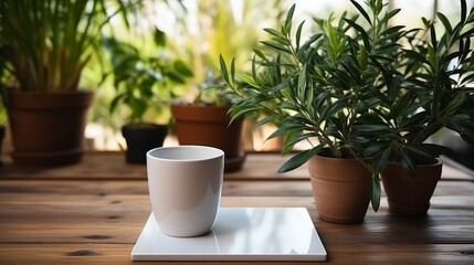 A ceramic cup sits on a white square plate on a wooden table. There are potted plants with green leaves in the background.