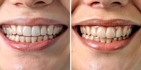 Woman teeth before and after whitening. Dental clinic patient. Oral care dentistry, stomatology, dental transformation. Collage with photos of patient before and after teeth whitening