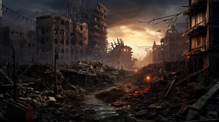Devastated cityscape showing wartorn buildings and rubble - obrazy, fototapety, plakaty