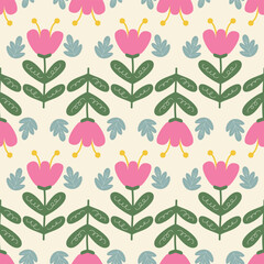 Cute seamless pattern with pink flowers and leaves vector illustration