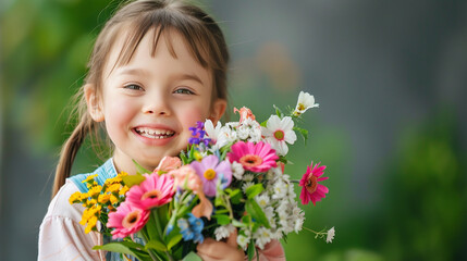 Fototapeta premium Happy, smiling kid with bunch of colorful flowers for mothers day or birthday celebration. Horizontal banner or background
