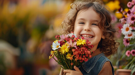 Happy, smiling kid with bunch of colorful flowers for mothers day or birthday celebration....