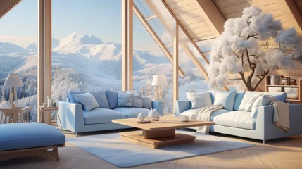 Fotobehang Blue and white living room interior with a view of snow-capped mountains © Molostock