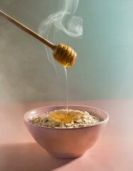 A close-up of honey being drizzled onto a warm bowl of oatmeal, with the steam rising and the honey's thick texture prominently displayed