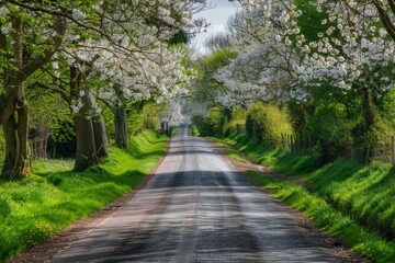 Fototapeta na wymiar Country Road Lined With Blooming Trees and Grass