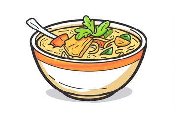 Cartoon cute doodles of a happy bowl of comforting chicken noodle soup with tender chicken and veggies, Generative AI