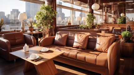 Luxurious restaurant interior with city view